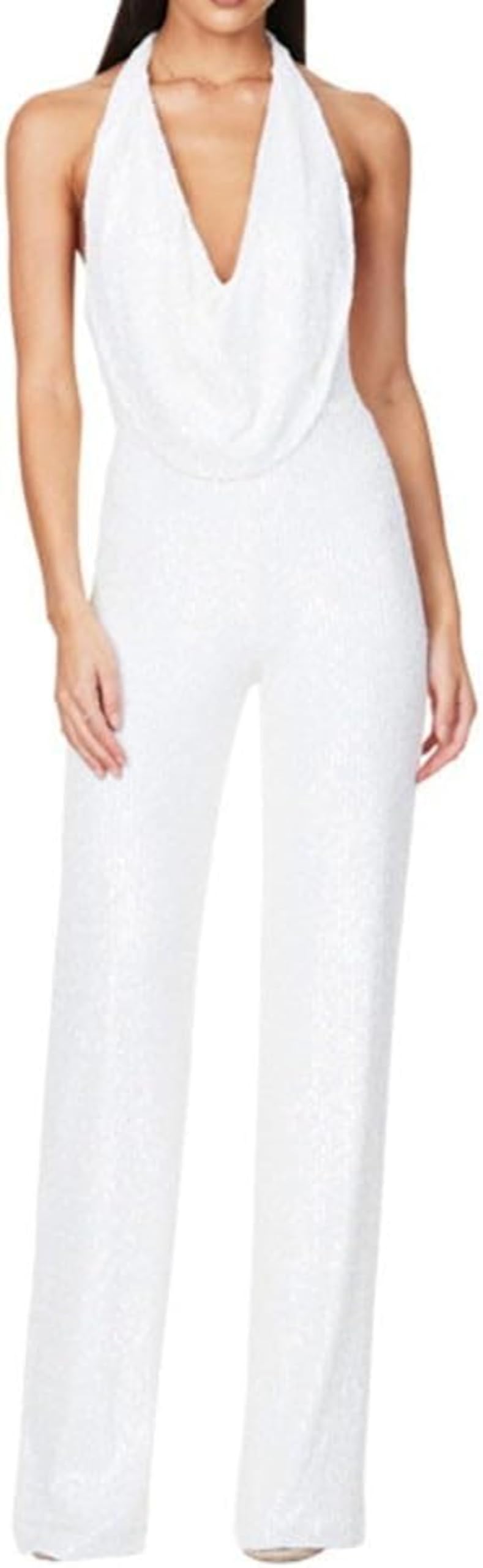 Pailletten-Jumpsuit, Pailletten Jumpsuit Damen Elegant Glitzer Jumpsuits Festlich, Festival Playsuit Lang Ärmellos Romper, hängender Hals für Club-Partys und besondere Anlässe, L