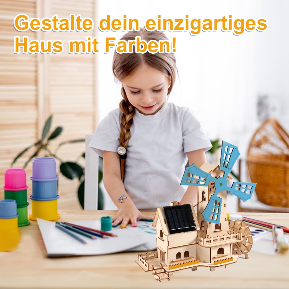 3D puzzle drewniane Dom z wiatrakami solarnymi - zestaw do majsterkowania DIY dla dorosłych - zestaw budowy modelu z obracającą się turbiną wiatrową zasilaną energią słoneczną | W tym