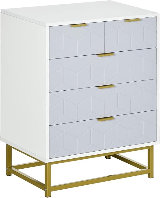 HOMCOM Modern Chest of Drawers, 5-Drawer Storage Organizer Unit with Golden Effect Steel Base for Bedroom, Living Room, Natural, White
