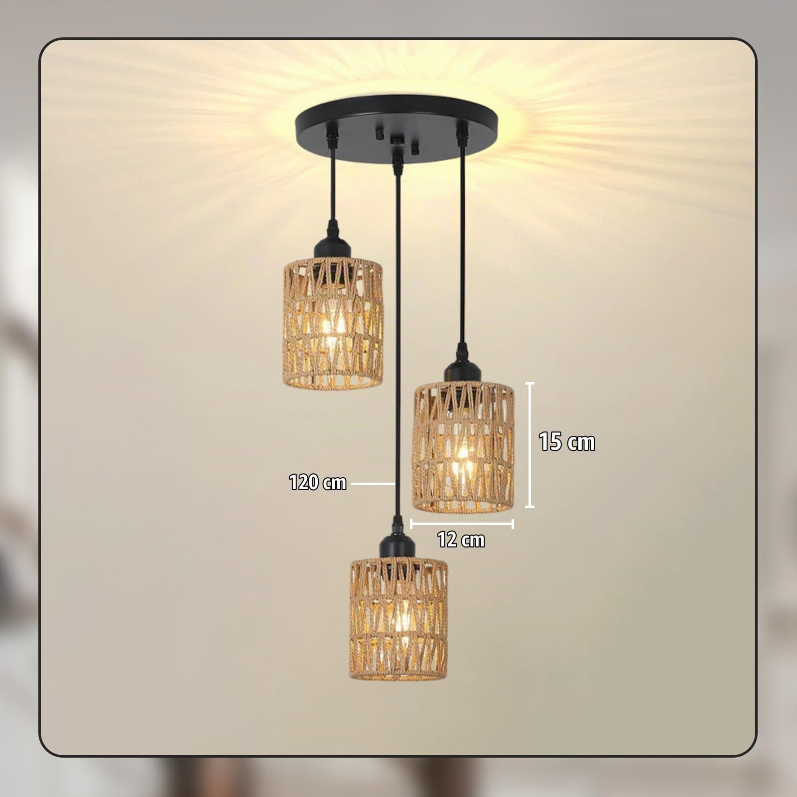 Lampade a Sospensione 3 Luci a Rattan, Retrò Paglia da Soffitto | Boho Lampadario Cucina, Attacco E26, Cavo del Ciondolo Regolabile, Lampadina non Inclusa, per Soggiorno Camera da Letto-Nero