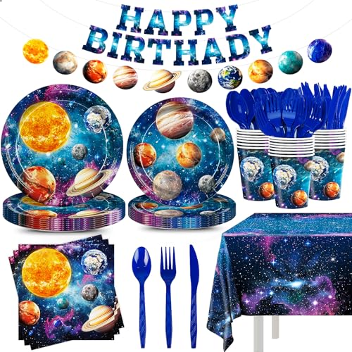 170pcs Outer Space Birthday Party Supplies Space Party Plates Napkins Tableware Set Solar System Disposable Cups Dinnerware Happy Birthday Banner Tablecloth for Kids Boys Party Decorations 24 Guests