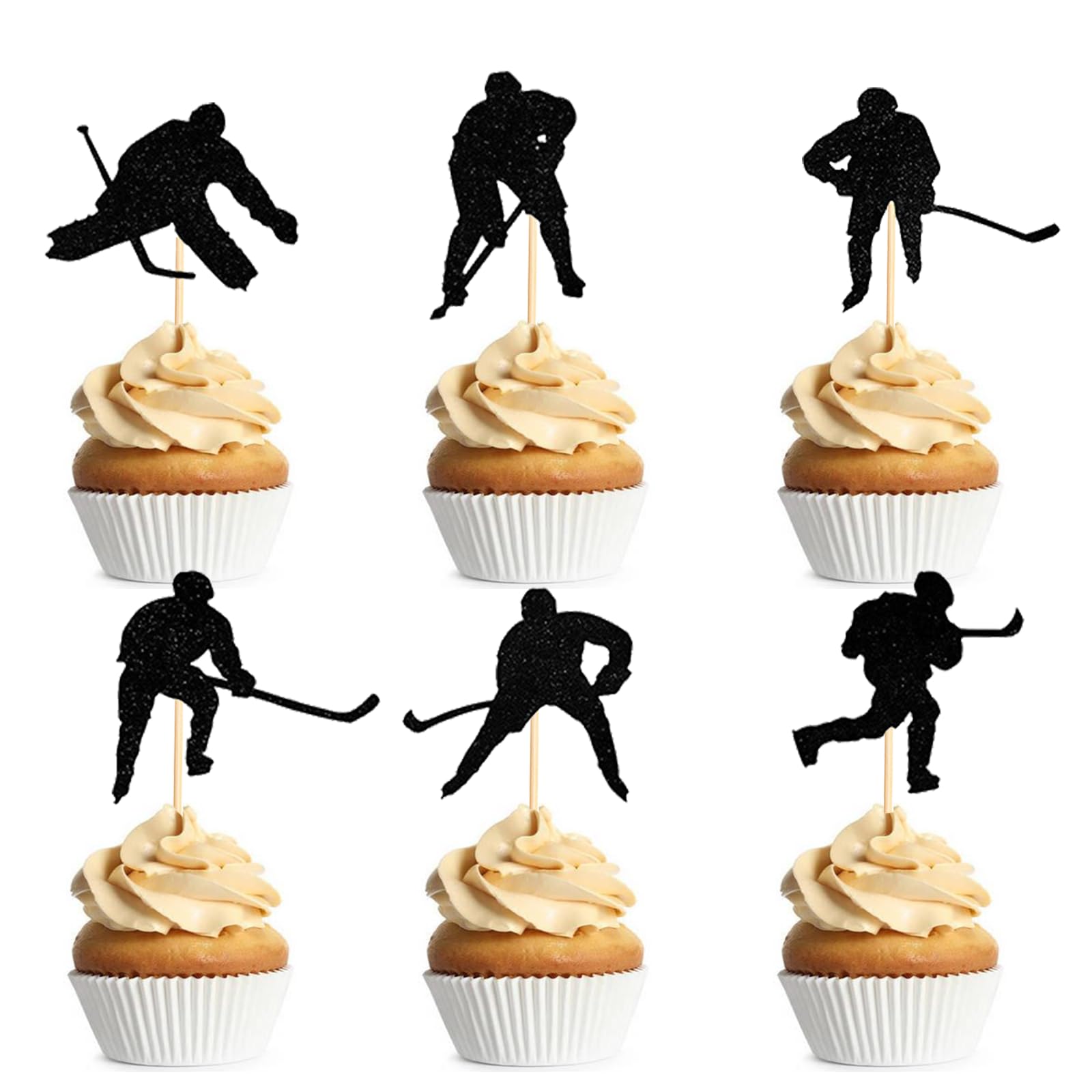 24Pcs Hockey Cupcake Toppers Ice Hockey Player Glitter Cake Toppers Decorations for Sport Theme Party Birthday Party Baby Shower Supplies