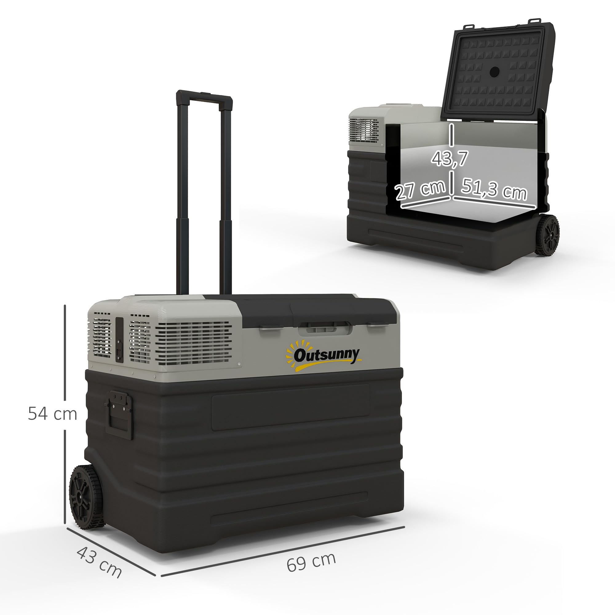 Outsunny Glacière électrique à compression 56L, glacière voiture portable 12/24V et 100V-240V, modes ECO/MAX, tige télescopique et roulettes, pour maison, camion, camping, camionnette, bateau, noir