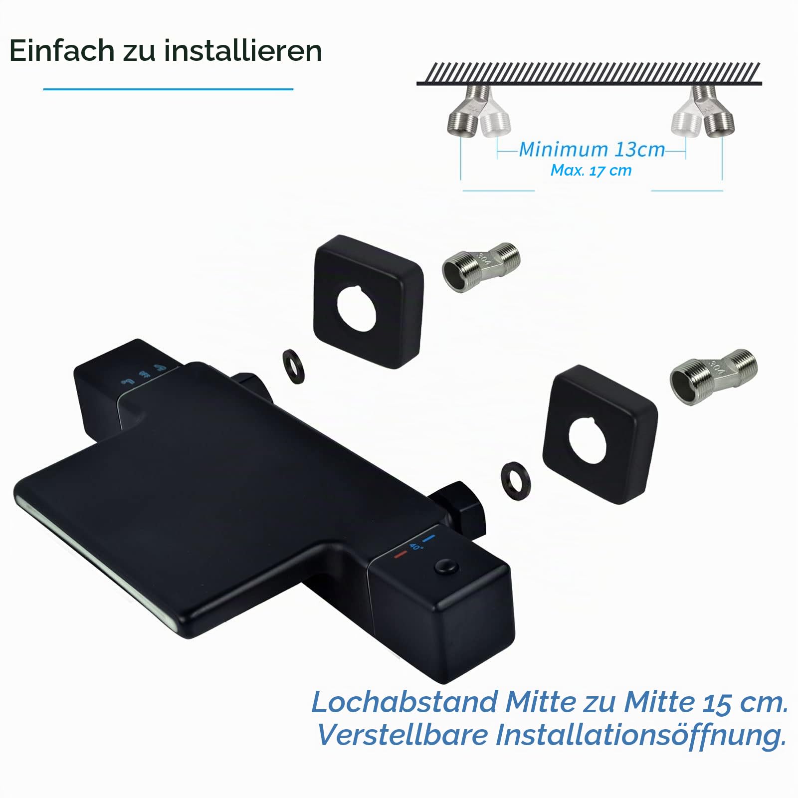 Thermostat Wasserfall Badewannenarmatur Schwarz Wandmontage Wannenarmatur Mit Handbrause Wannenbatterie,Armatur für Badezimmer Bad,Messing 4Y3OK