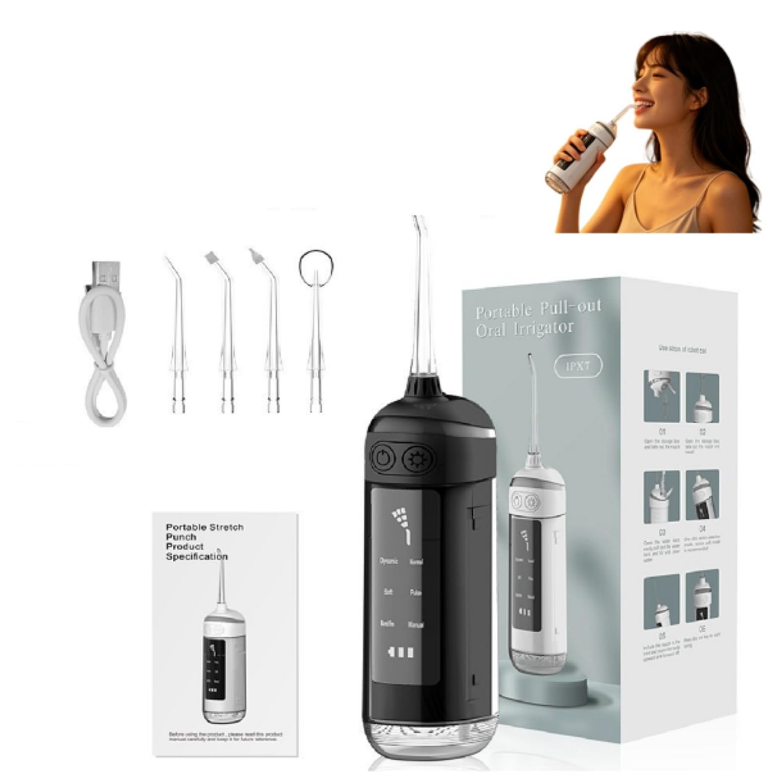 Cortelec Irrigador Bucal Con LED Inteligente,Irrigador Dental Portátil,6 Modos,Depósito Extraíble,IPX7 Impermeable,Limpiador Bucal Recargable Para Ortodoncia Y Dientes Sensibles (Negro)