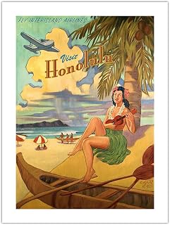 Visit Honolulu - Hawaii Hula Girl Playing Ukulele - Fly Interisland Airlines - Vintage Hawaiian Travel Poster by Rick Sharp - Bamboo Fine Art 290gsm Paper (Unframed) 12x16in