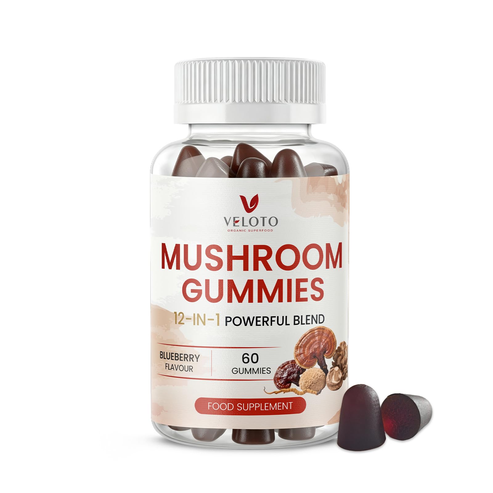 VELOTO 12 in 1 Mushroom Gummies Sugar Free, Fruiting Body Extracts