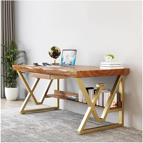 Escritorio moderno de madera maciza simple para computadora soporte de metal dorado tablero de mesa de pino de 20in escritorio de juego de