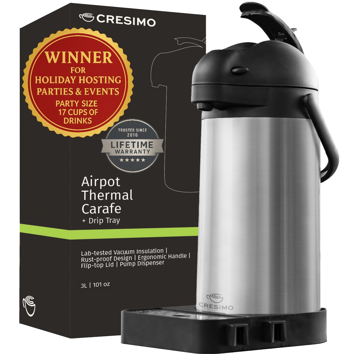 Cresimo 101 Oz (3L) Airpot Thermal Coffee Carafe/Lever Action/Stainless Steel Insulated Thermos / 12 Hour Heat Retention / 24 Hour Cold Retention (Airpot with Drip Tray)