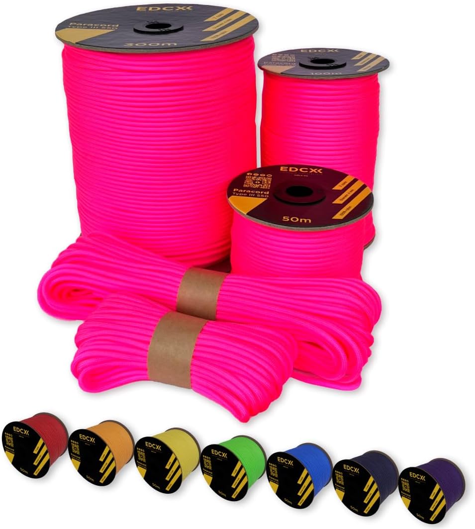 EdcX Paracord 4mm, 35+ Solid Colors (10m, 15m, 30m, 50m, 100m, 300m) | Ideal for Crafting, DIY, Camping, Survival, Outdoor | 100% Nylon Rope 4mm | Tactical Cord 550 Type III (Sofit Pink, 30 m)