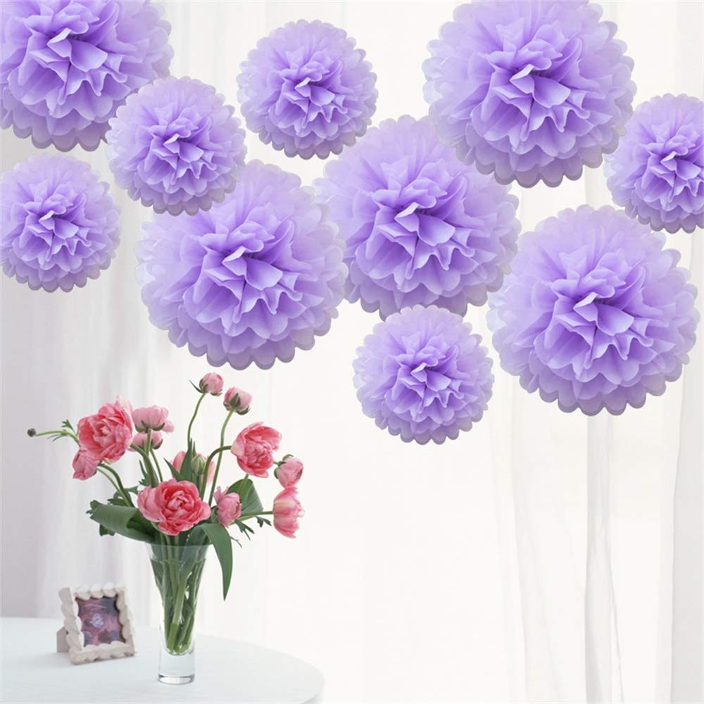 Time to Sparkle 10 Pack Mixed Tissue Paper Pompoms Pom Poms Flower Wedding Party Decoration (Lanvender, 10pcs Large(8"+10"+12"))