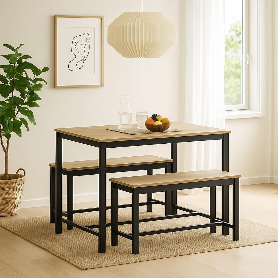 URBNLIVING 3-Piece Dining Table Set โ Wooden Table with Sturdy Metal Frame & 2 Benches โ Space-Saving Furniture for Kitchen, Dining Room, or Living Area - Oak