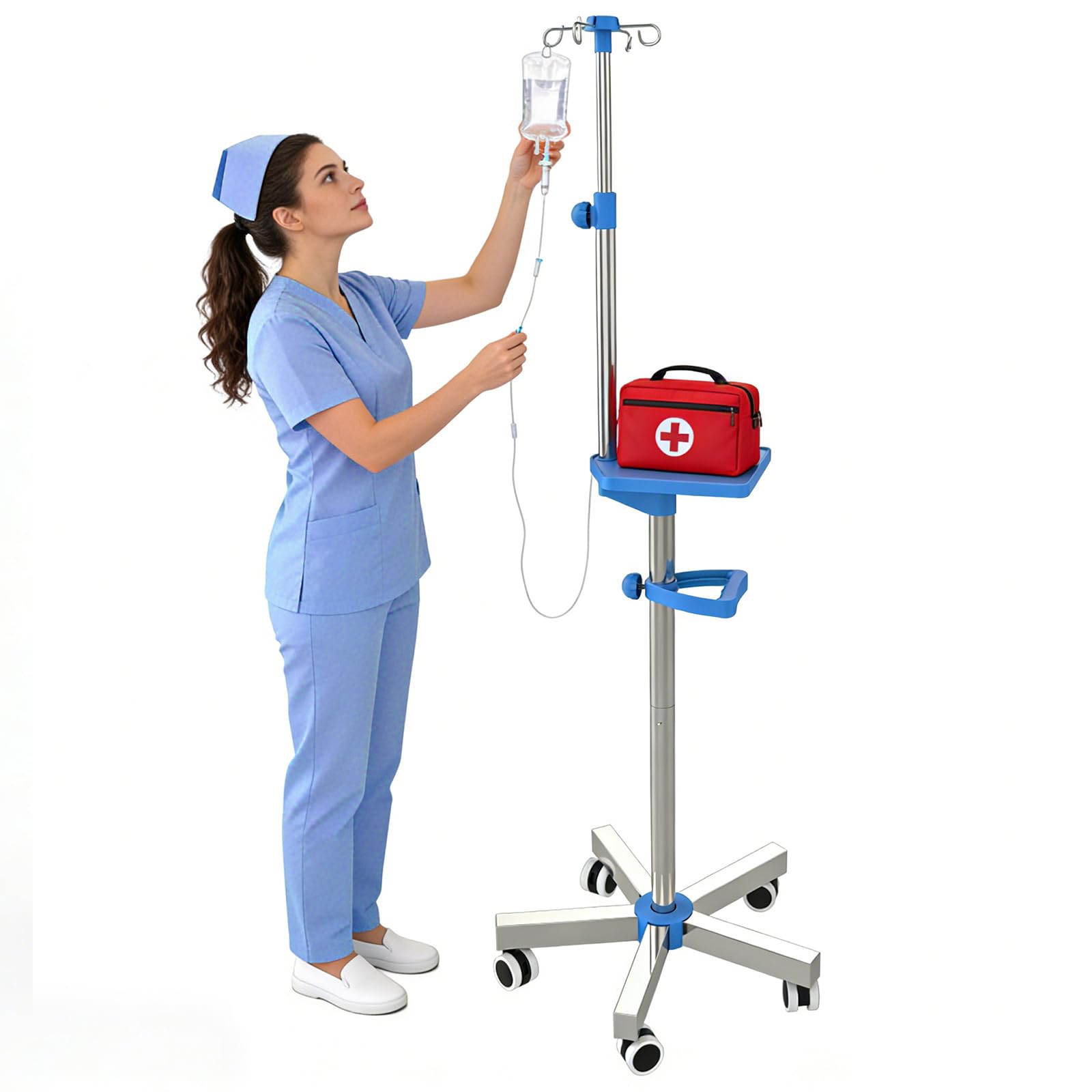 Photo 1 of IV Pole with Wheels, Adjustable 52.3"–70.8" Stainless Steel IV Stand, 9" x 7" Tray, Height-Adjustable Handle, 4 Fluid Bags Holder, 5-Wheel Base