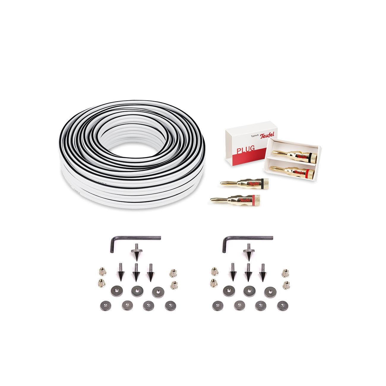 Teufel 2.0 Stereo-Kabel-Set Performance - Kupfer Lautsprecherkabel, 8 hochwertige Spikes, 2 Paar Bananenstecker