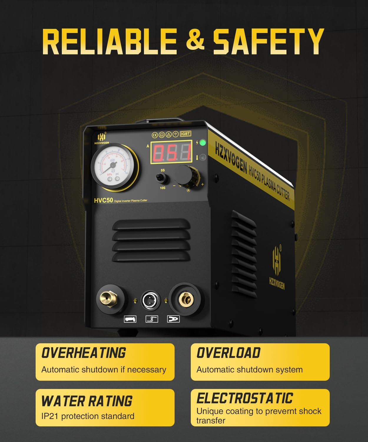 H HZXVOGEN Taglierina al Plasma 50A 230V, Taglio Max Acciaio 15mm, Taglio Pulito 8mm, Inverter IGBT DC, Accensione HF, Display Digitale, Raffreddamento Intelligente per Principianti e Hobbisti