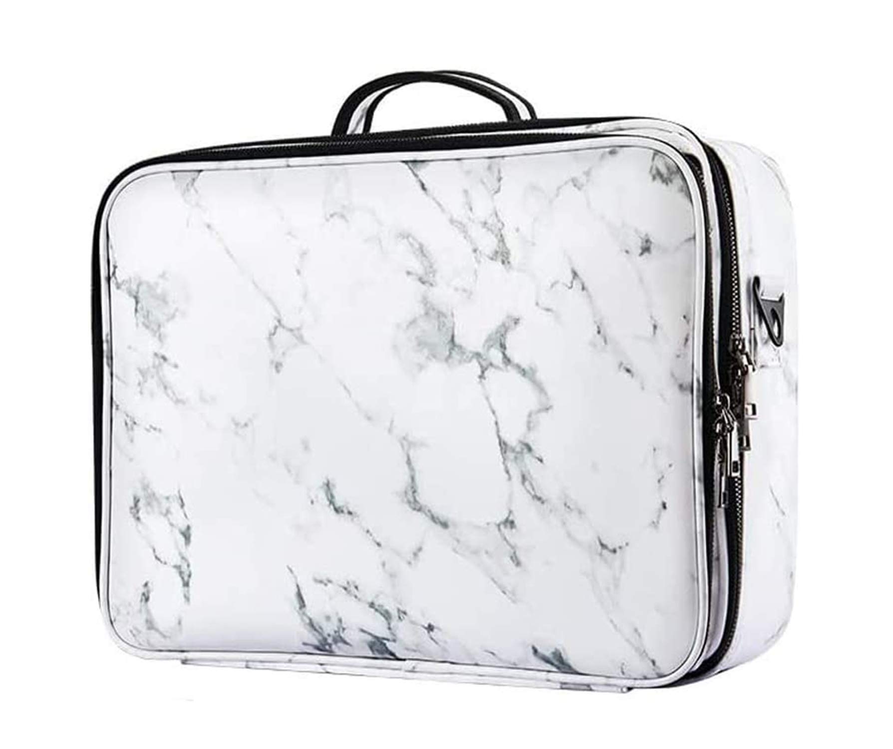 House of Quirk 3 Layers Large Capacity Travel Professional Makeup Train Case with Adjustable Compartment Shoulder Strap (White Marblre)-image-33