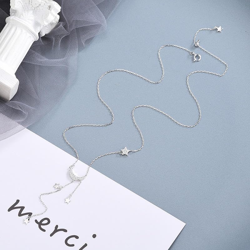 Miniatura 2 de fashion jewelry 925 sterling silver necklace moon star diamond long tassel chain gold plated necklaces women (silver)