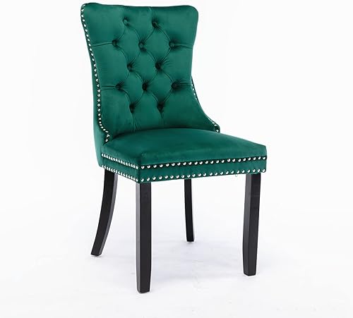 Miniatura 4 de Juego de 2 sillas de comedor modernas para comedor, cocina, silla auxiliar de terciopelo con botones acolchados, asiento y respaldo (verde)