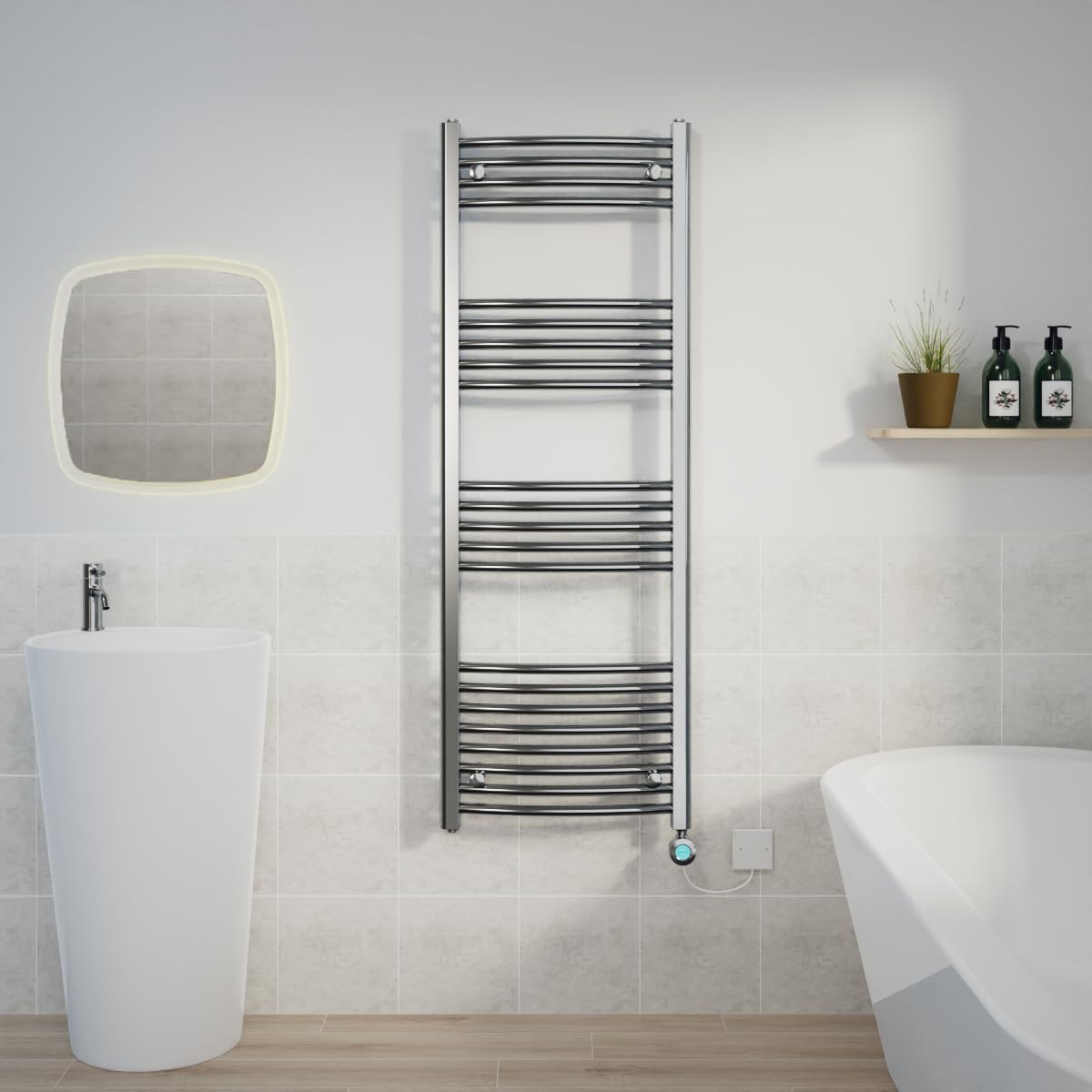 Warmehaus Electric Heated Towel Rail Curved Chrome Thermostatic Bathroom Towel Radiator with Timer - 1400x500mm — image 1