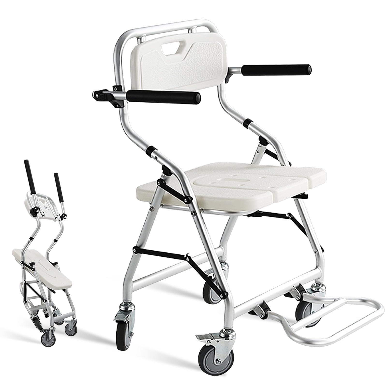 Silla de Ducha con Ruedas para Personas Mayores, Silla con Ruedas para Ducha, Silla Baño Ancianos Ducha, Taburete Ducha para Mayores con Reposabrazos y Reposapiés Plegables