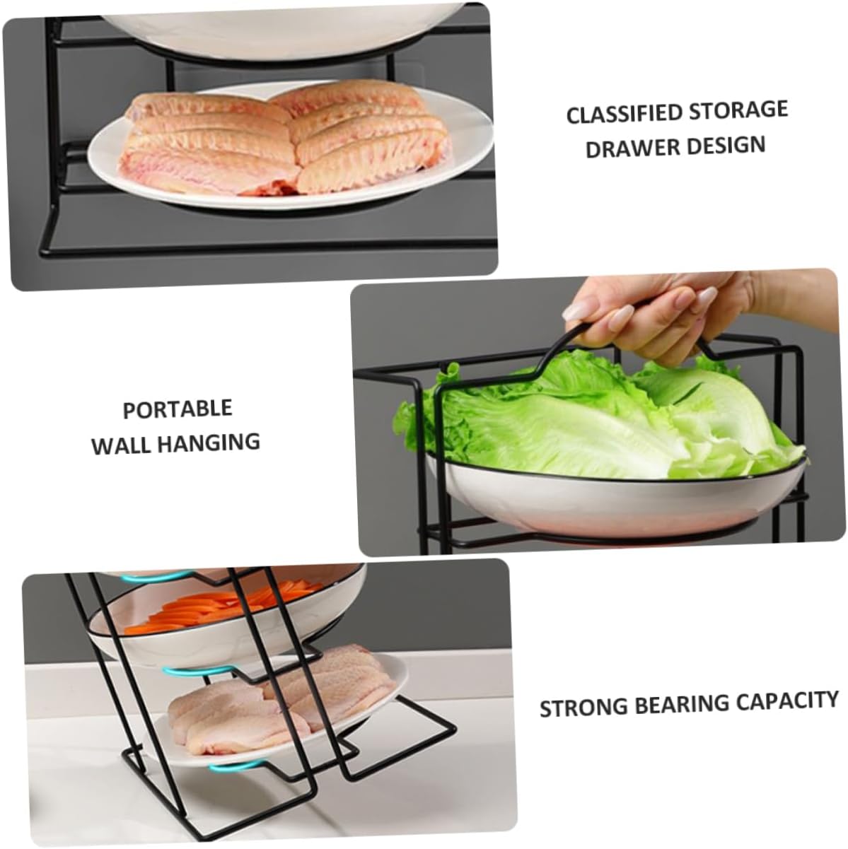 Multifunctional Handheld Wall Mounted Plate Stand Iron Dish Storage Rack Adjustable Kitchen Organizer for Cooking Supplies Space-Saving Design Black