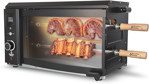 Brazilian Flame Asador de parrilla con 2 pinchos giratorios automáticos para interiores para pollo, filete, pescado, barbacoa de estilo brasileño,