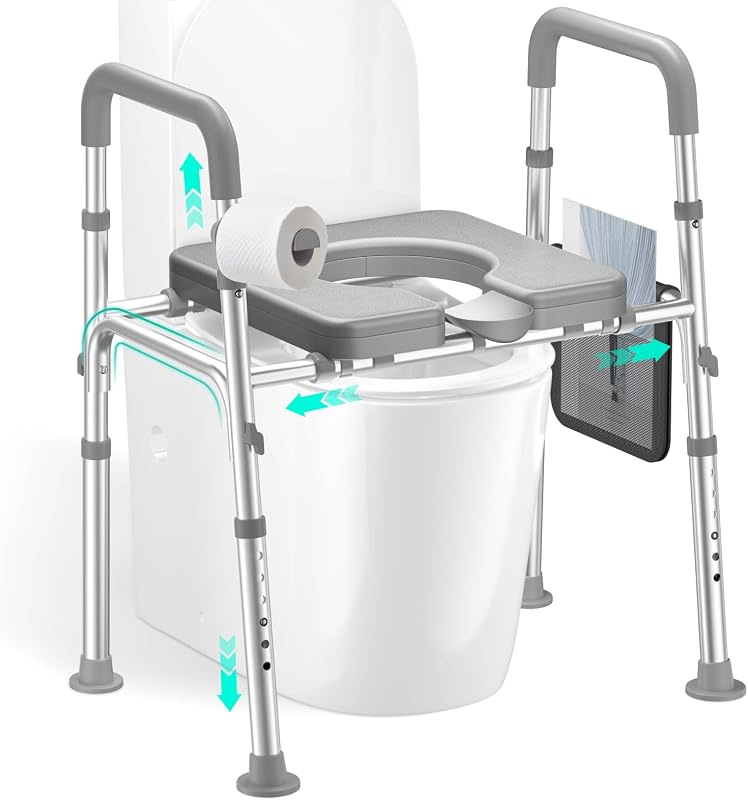 HOMEAL Elevador de asiento de inodoro elevado con asas para personas mayores, silla cómoda 3 en 1 resistente de 450 libras para discapacitados y pacientes con marco reforzado y deflector protector, construida para seguridad y limpieza
