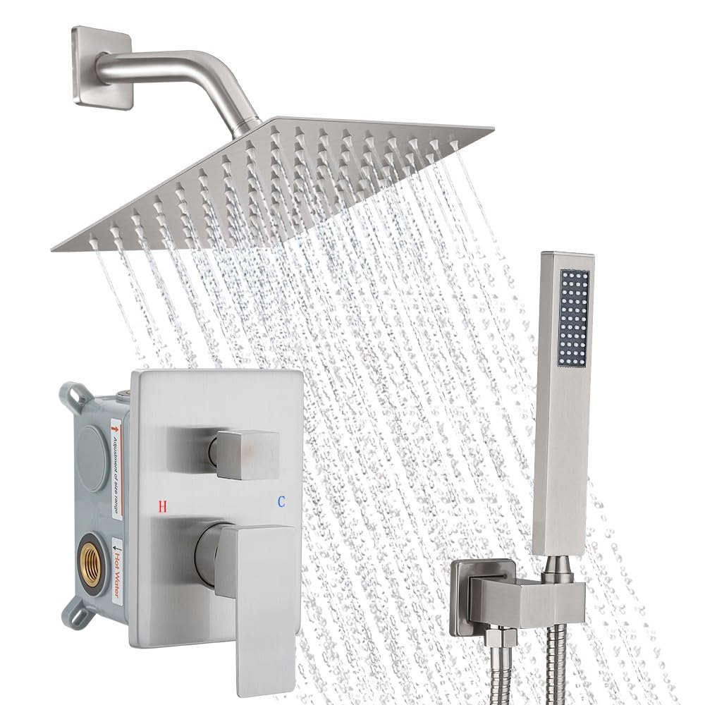 Brushed Nickel Shower System, 8 Inch High Pressure Rain Shower with Handheld, Wall Mount Shower Faucet Set for Bathroom, Rough-in Valve Body and Trim Included