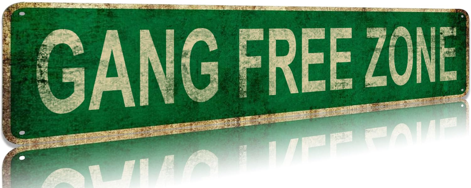 peiyeety Gang Free Zone Metal Tin Sign Positive Safety Themed Wall Decor For Living Room Bedroom Entryway And Family Areas, Uplifting Vintage Design Creates Peaceful Secure Home Atmosphere,4X16 Inch