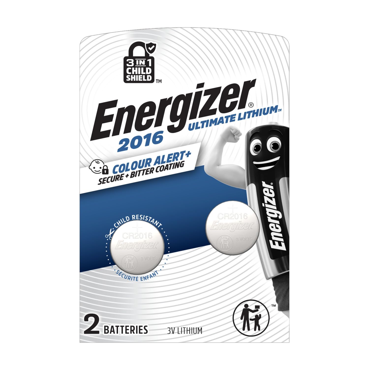 Energizer Baterie CR2016 (2 sztuki) - Baterie guzikowe 3 V Litowe - Pierwsza bateria 3 w 1 Tarcza dla dzieci - Technologia ostrzegania o kolorze - 12 lat przechowywania