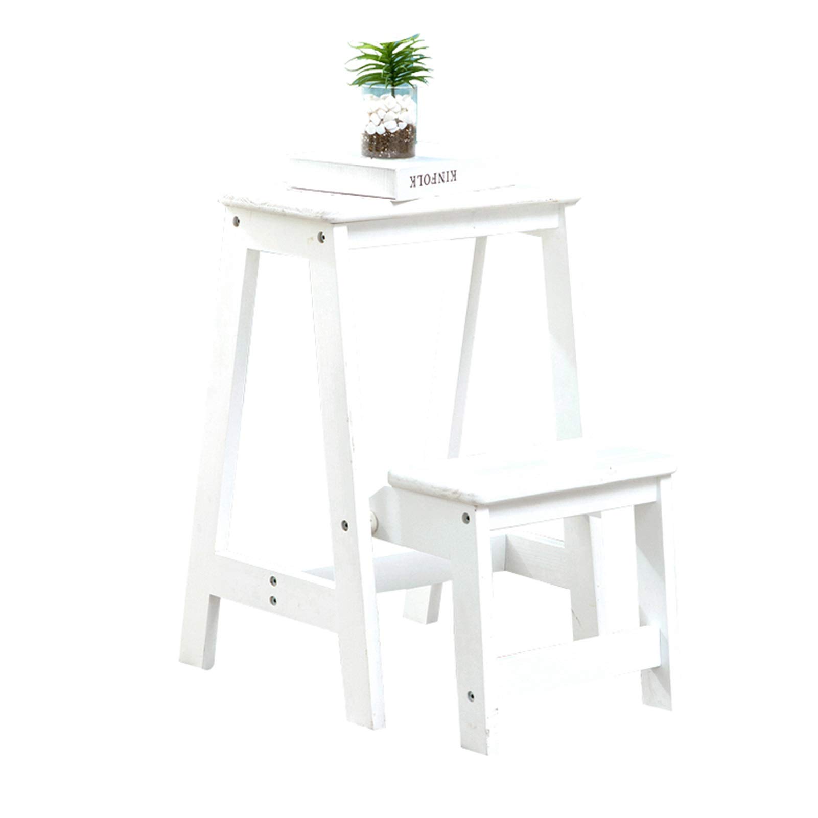 Clamshell Folding Stool, 2 Steps Wooden Multifunction Ladder, Portable Stools and Storage Shelf for Library, Home Kitchen (White)