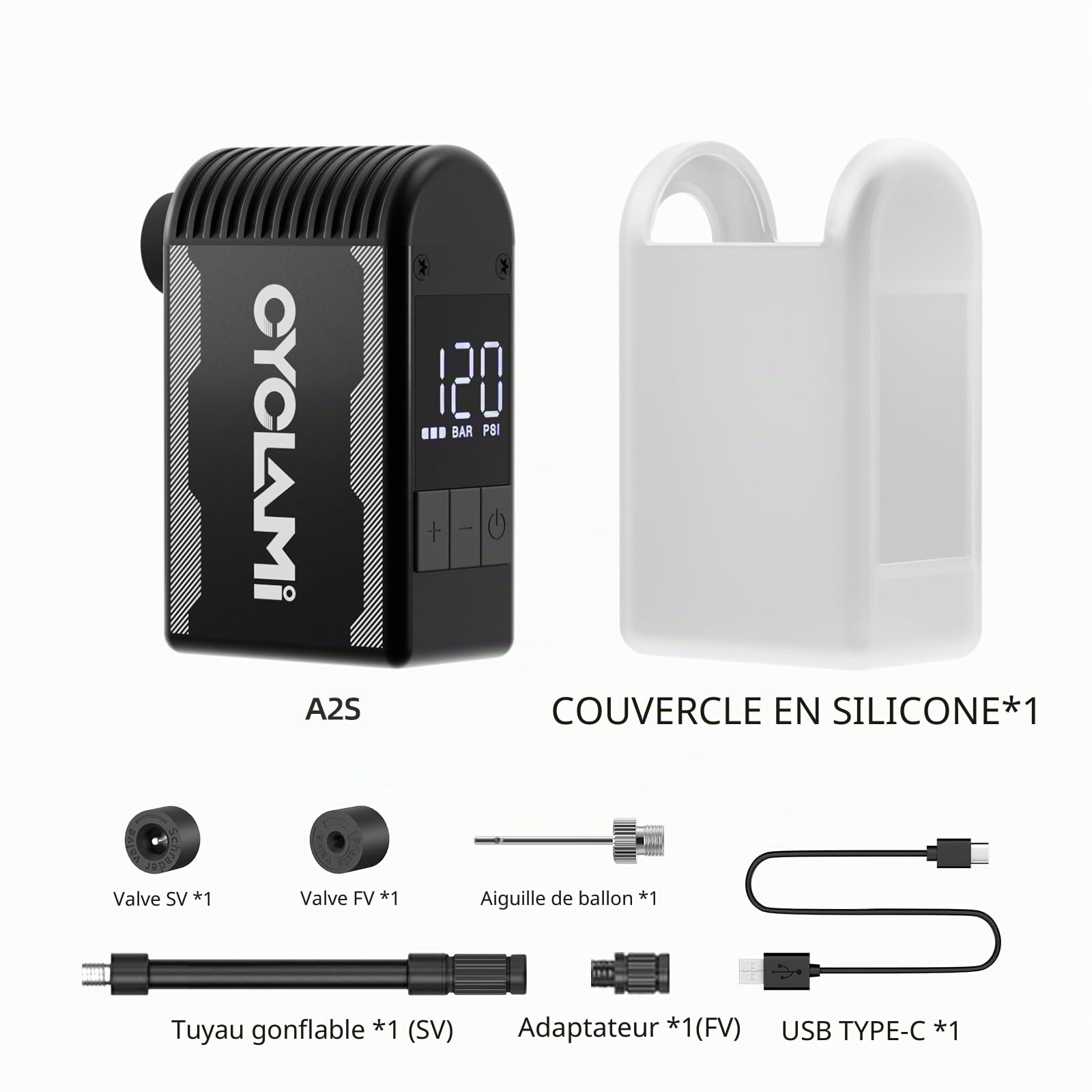 A2S Pompe à Vélo Electrique Mini Pompe Velo Portable avec Manomètre Numérique Max 12 PSI arrêt Automatique pour Tous Les vélos pour Valve Schrader et Presta