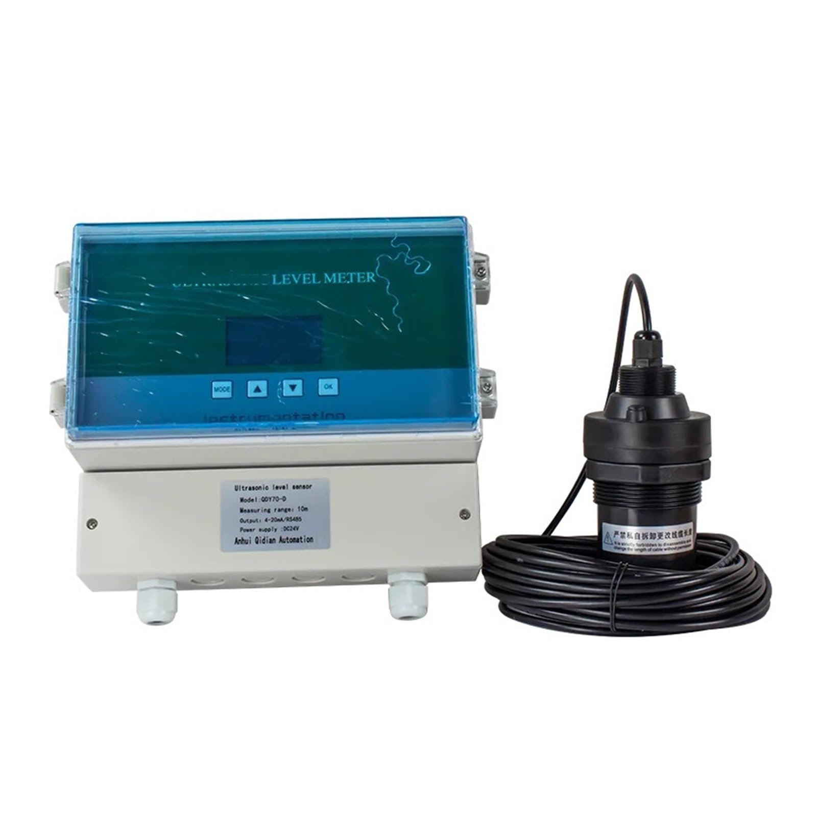 LDHJBNAC Ultrasonic Level Meter QDW70A 20 Meter Split Liquid Level Sensor Fuel Water Tank Level Sensor Relay Output Liquid Level Transmitter(RS485 Output,15M Cable)