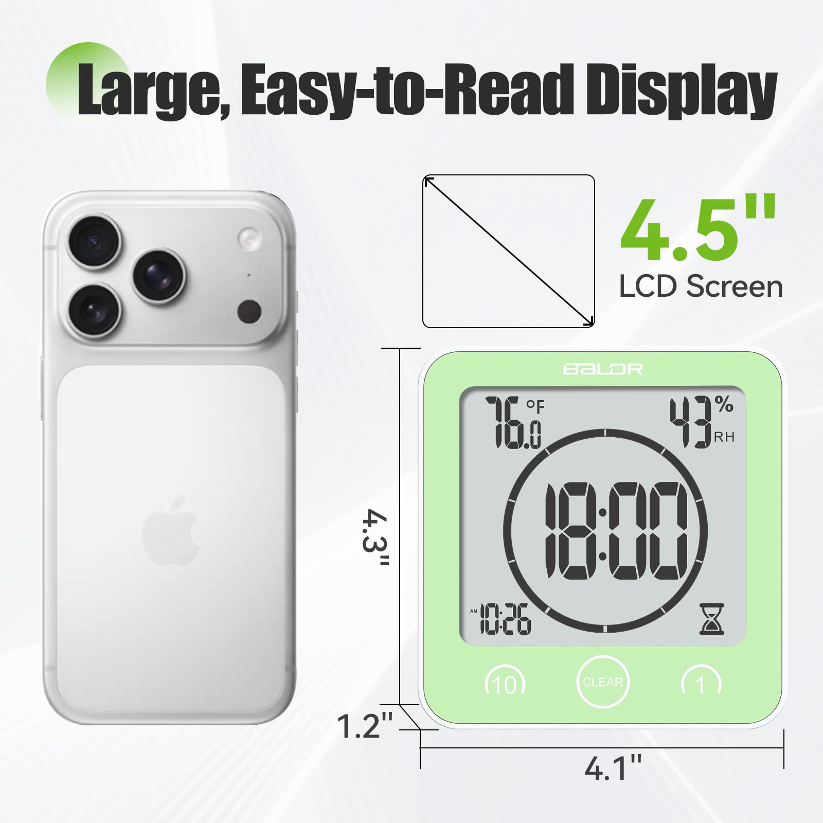 BALDR Reloj de Ducha LCD Impermeable, Verde, 4.16 Pulgadas de Largo x 1.63 Pulgadas de Ancho x 4.32 Pulgadas de Alto (105.741.5109.7 mm)