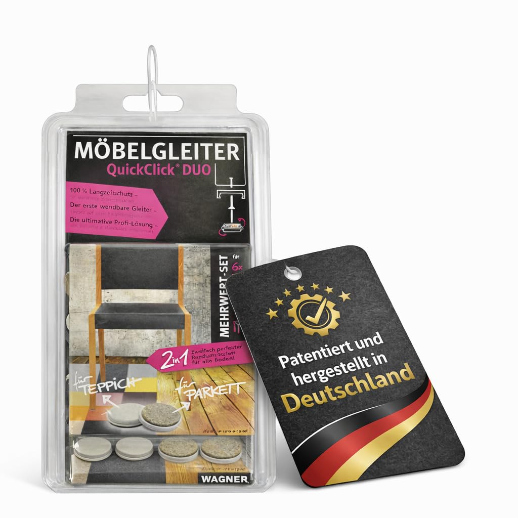 Wagner QuickClick® Möbelgleiter - Dining Set - 1 Tisch, 6 Stühle - 28 x Basis + wendbarer Einsatz - Duo Wollfilz Ultrasoft + Kunststoff Hyper - Ø 20 mm und Ø 25 mm - Patentiert & Made in Germany