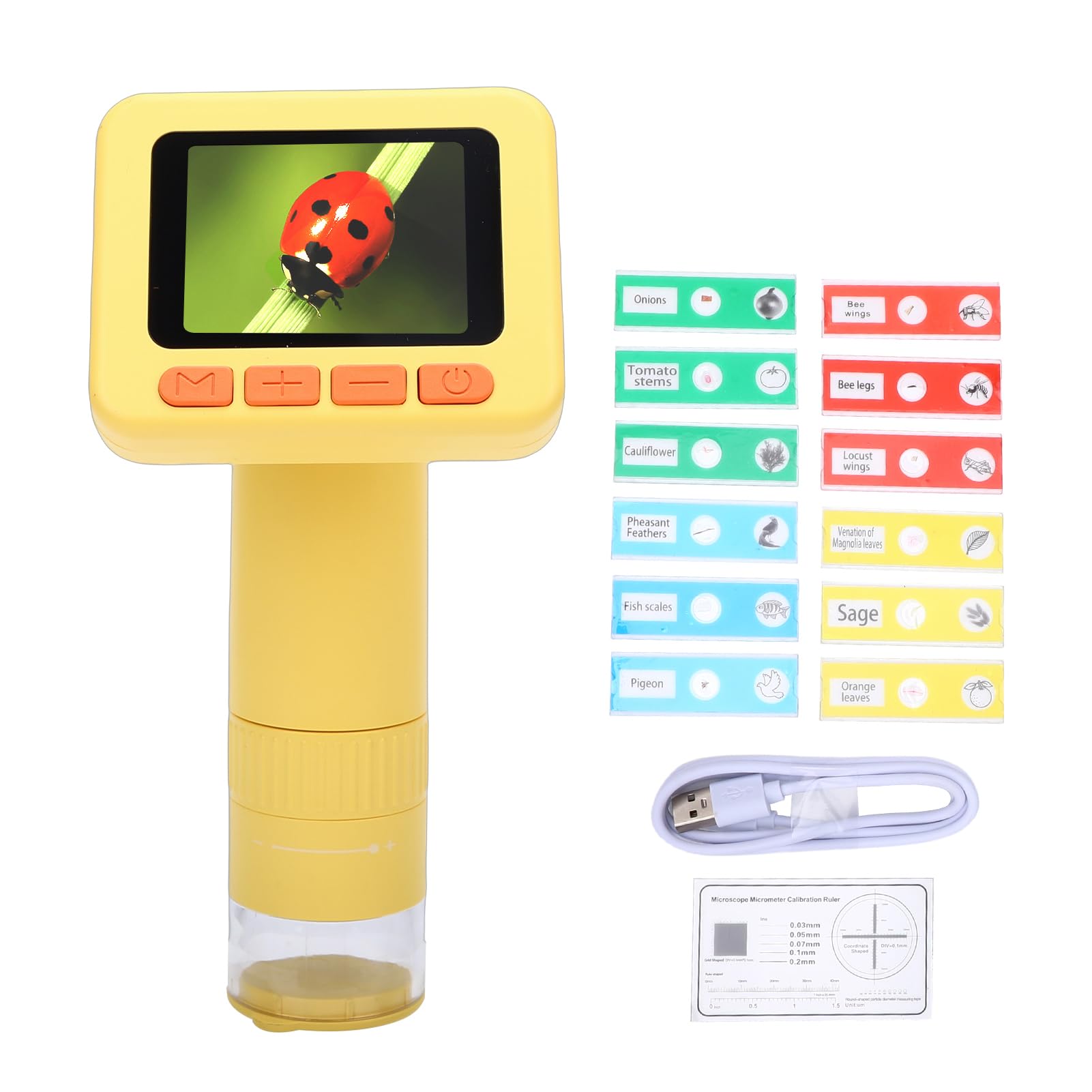 KUIDAMOS Giocattolo Educativo Scientifico Portatile con Fotocamera HD 1000X per Microscopio Digitale per Bambini con Diapositive per L'esplorazione (W2 Giallo Senza scheda MicroSD)
