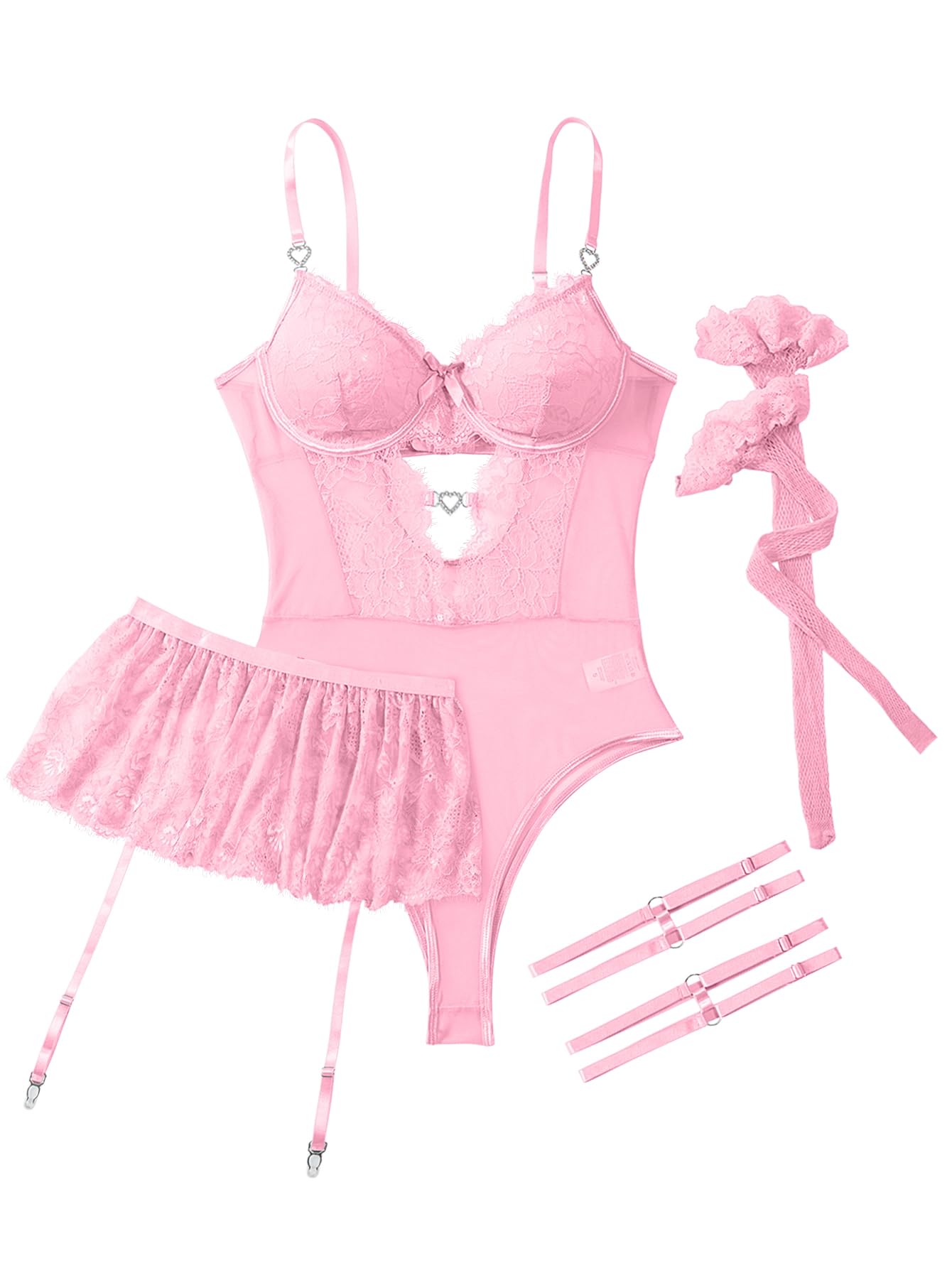 Sexy outfit Seksowne pończochy dżetów podwiązka w kształcie serca fiszbiny kwiecista siateczka koronkowa przezroczysta bielizna dla lalki Teddy body zestaw spódnic