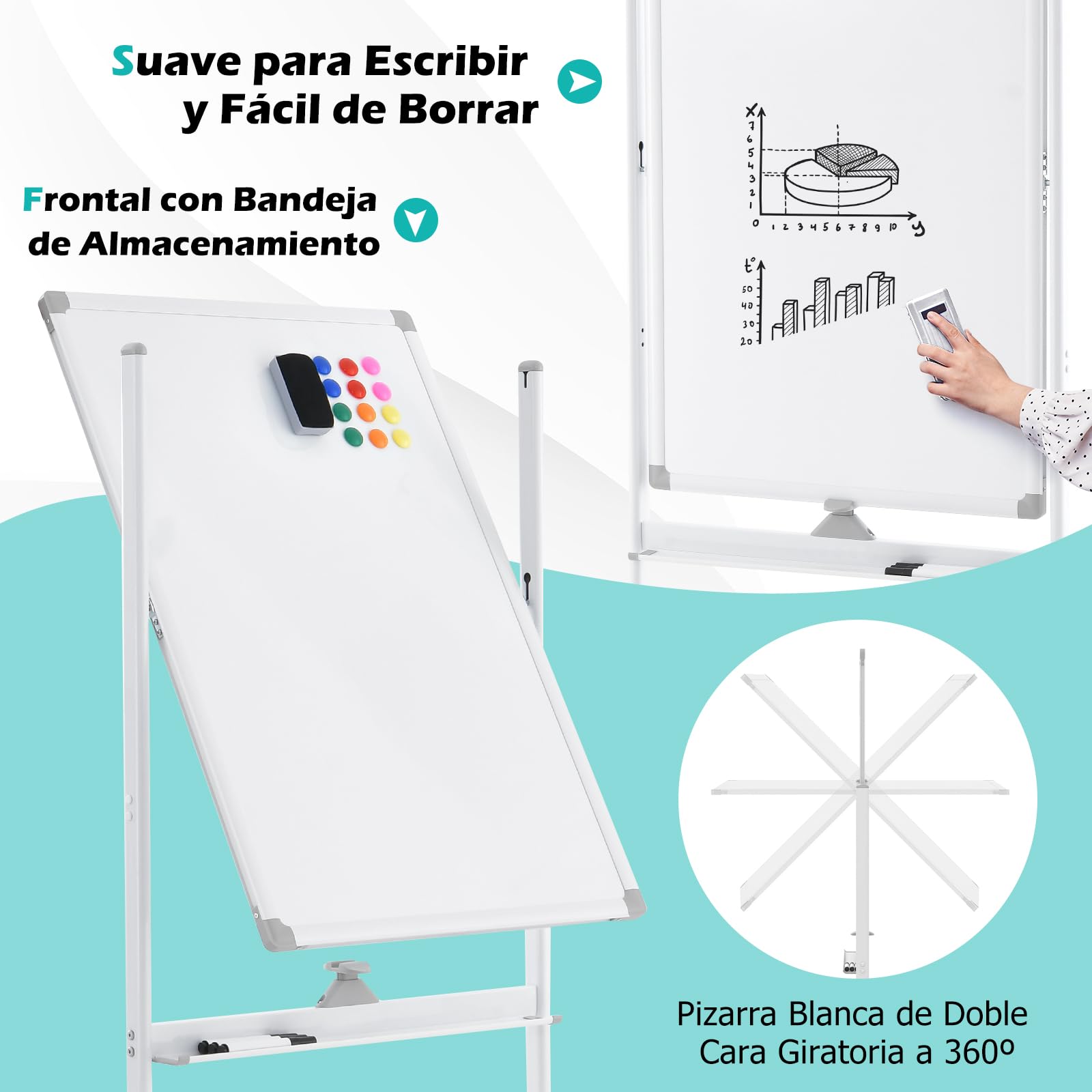 GOPLUS Pizarra Blanca Rodante Magnética con Altura Ajustable 151-178CM, Pizarra Blanca Portátil Giratoria de 360° con 4 Rueda, Bandeja de Marcadores, Tabla de Doble Cara Borrable para Escuela, 60×90CM