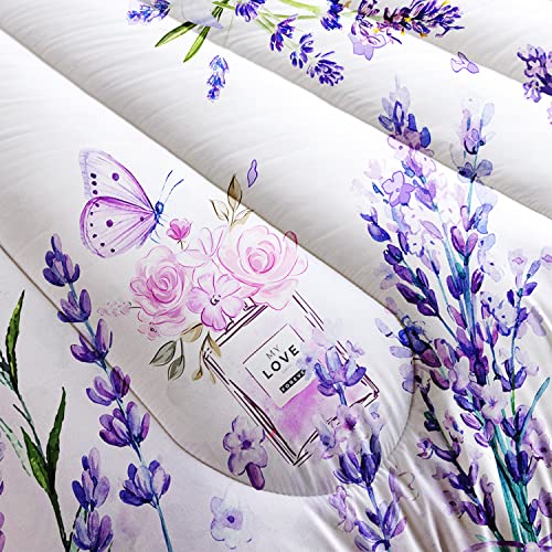 Ailonen Beautiful Butterfly Comforter Set Full Size, Blossoming Lavender Flowers And Flying Butterfly Bedding Set Soft Breathable Duvet Set For Kids Girls Women 3 Pieces,1 Quilt And 2 Pillowcases #TOP2