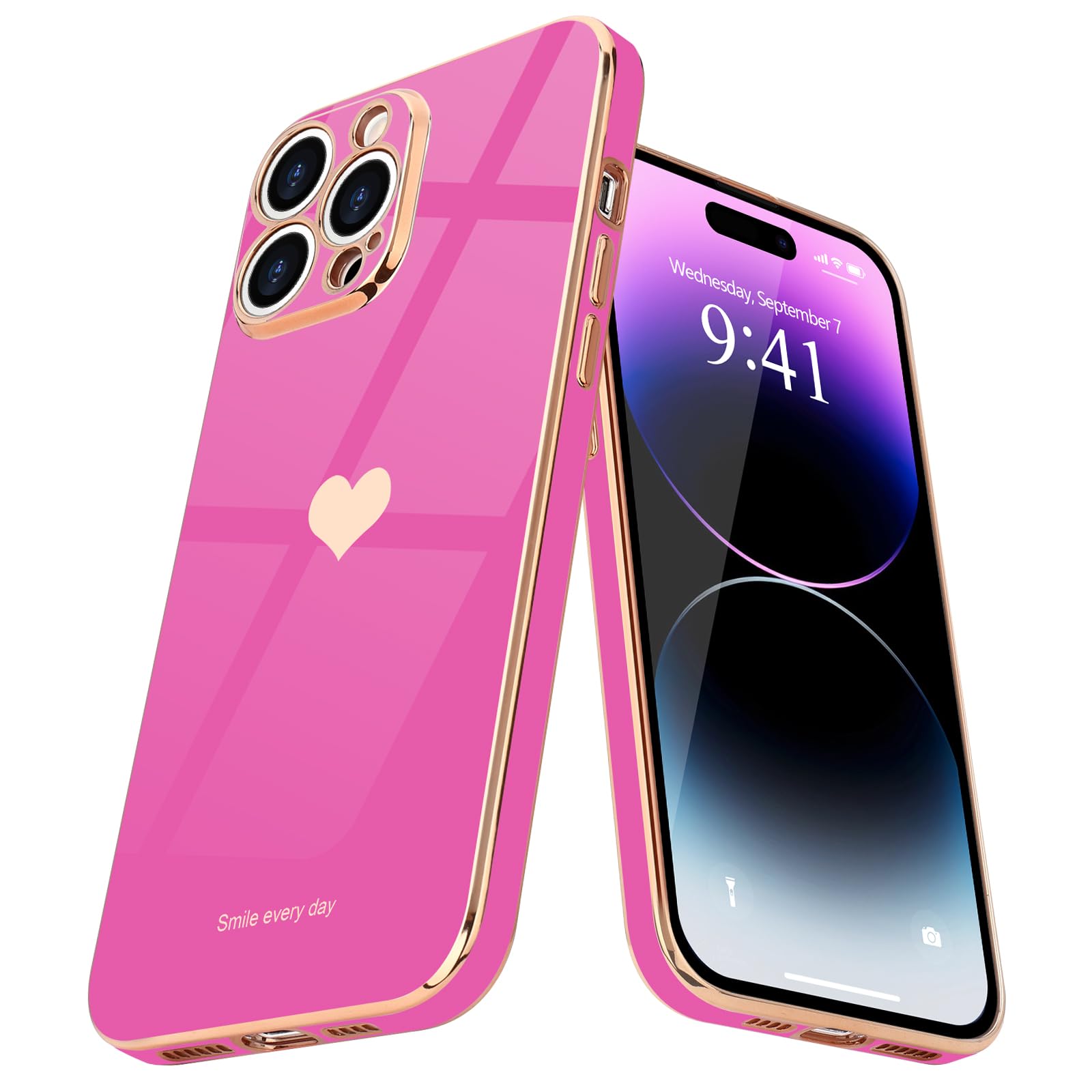 Teageo Compatible with iPhone 14 Pro Max Case for Girl Women Cute Love-Heart Luxury Bling Plating Soft Back Cover Raised Camera Protection Bumper