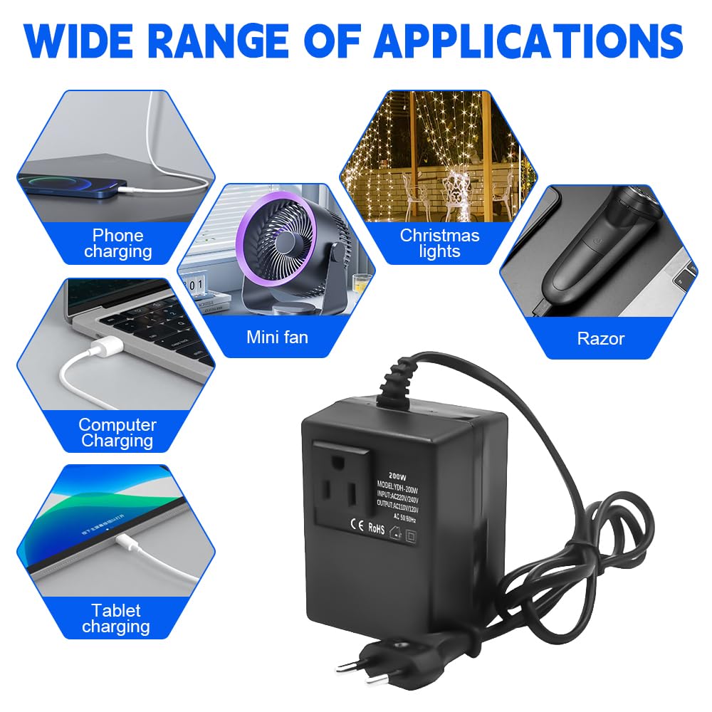 Spannungswandler Transformator 220V auf 110V, 200W Netzadapter Schritt Runter Stromkonverter, Reisestromadapter Spannungswandler mit EU Stecker für Luftreinigern verwendet,Computern Minikameras