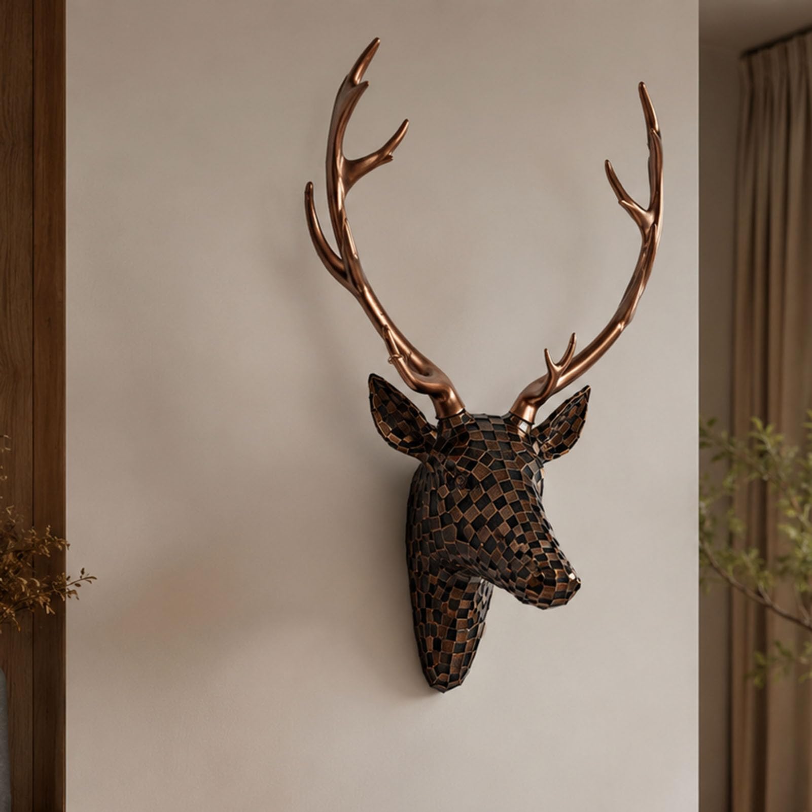 Zbyrithx Resin Deer Head Wall Mount Ornament 3D Animal Head Wall Sculpture Hanging Deer Head Wall Art Decor for Living Room Bedroom Office White Gold 22 x 15 x 40 cm,brown and black