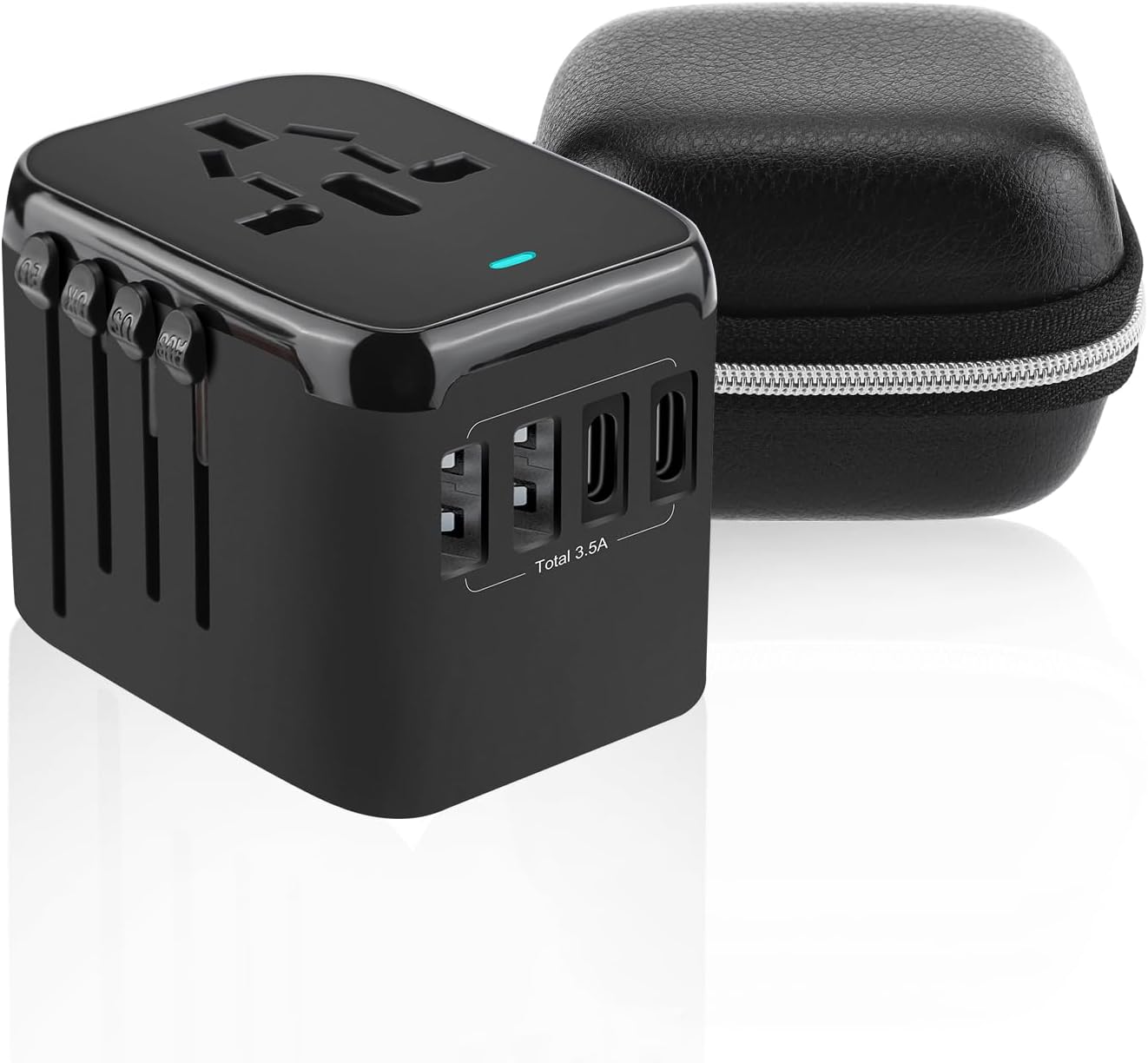 Wordwide Travel Adapter with Leather Carry Case, Universal Travel Adaptor International Travel Plug Smart 2USB C and 2 USB A Ports Wall Charger, AC Outlet Plugs Adapters for Europe, UK, US, AU (Black)
