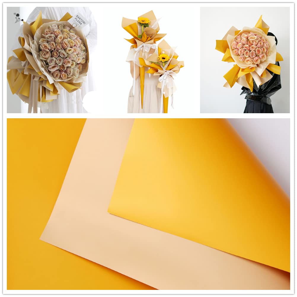 XICHEN 20 Sheets/Double-Sided Colors Flower Wrapping Paper,Waterproof Florist Bouquet Paper,DIY Crafts,Different Double-Sided Colors 58 x 58cm(22.8x 22.8 inch) (Yellow + Milk tea color)