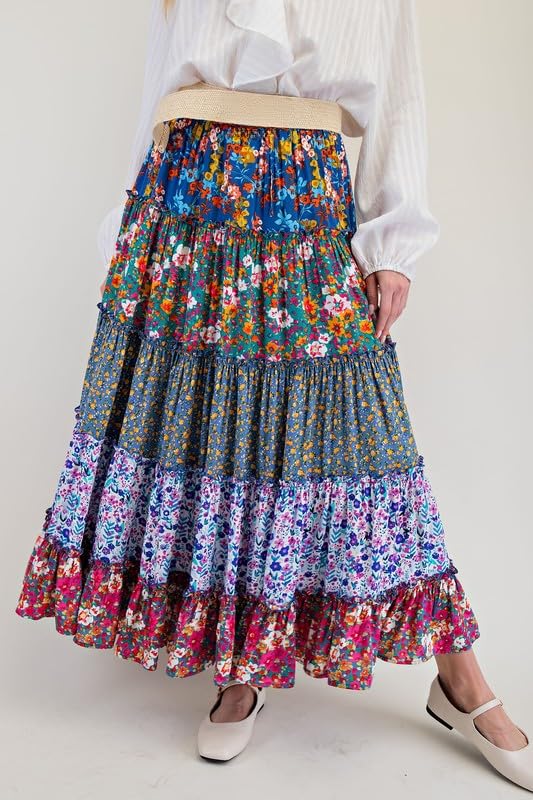 Summer Flowy Ruffle Layered A Line Long Skirts Casual Beach Vacation Resort Wear Floral Boho Tiered Maxi Skirt Women2