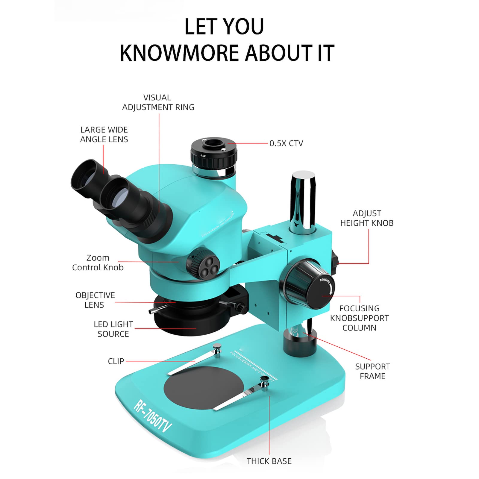 Cabezal de microscopio trinocular 7-50X Simul Focal Continuo Zoom Microscopio estéreo, Microscopio Binocular Compuesto, Ocular Gran Angular HD con 144 Fuente de luz LED Ajustable