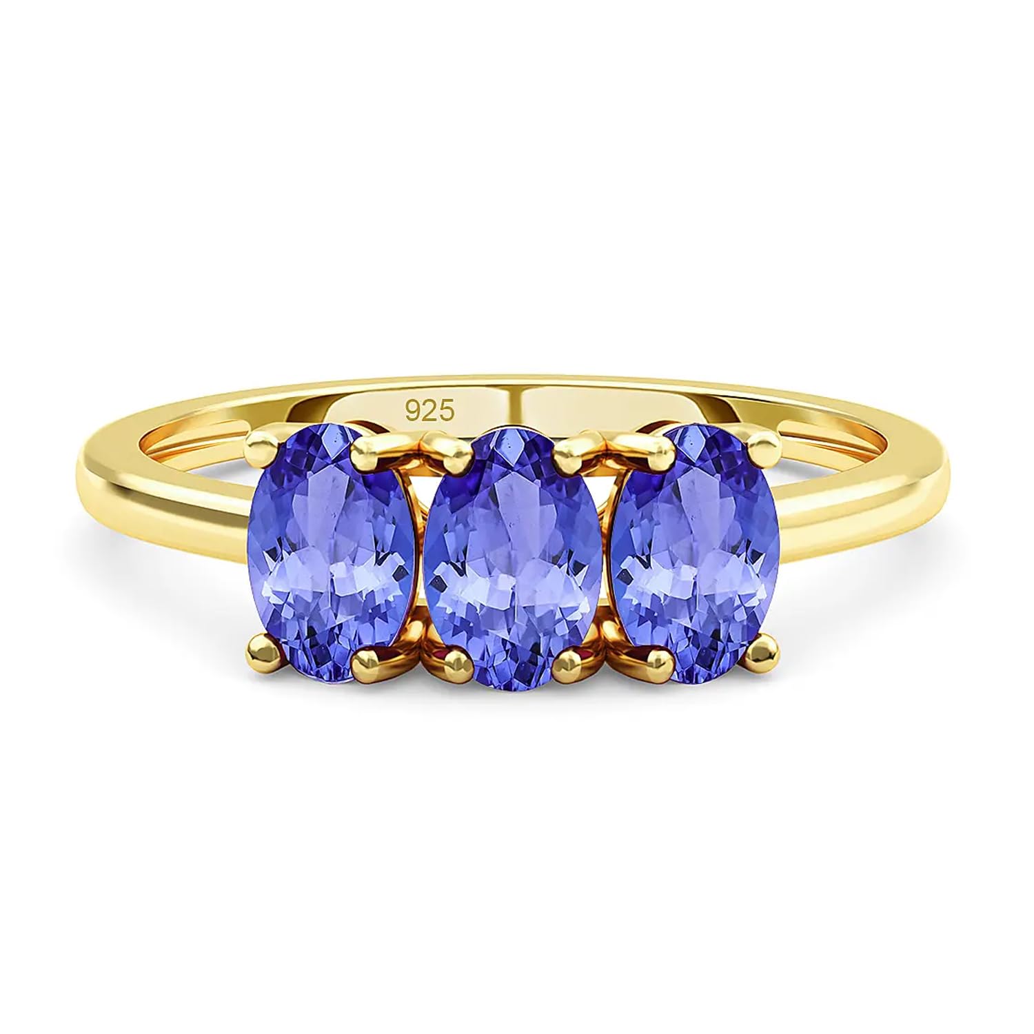 TJCMulti Gemstone Trilogy Ring for Women in 14ct Gold Plated 925 Sterling Silver Prongs Setting Blue Coloured March Birthstone Jewellery Metal Wt. 1.1 Grams