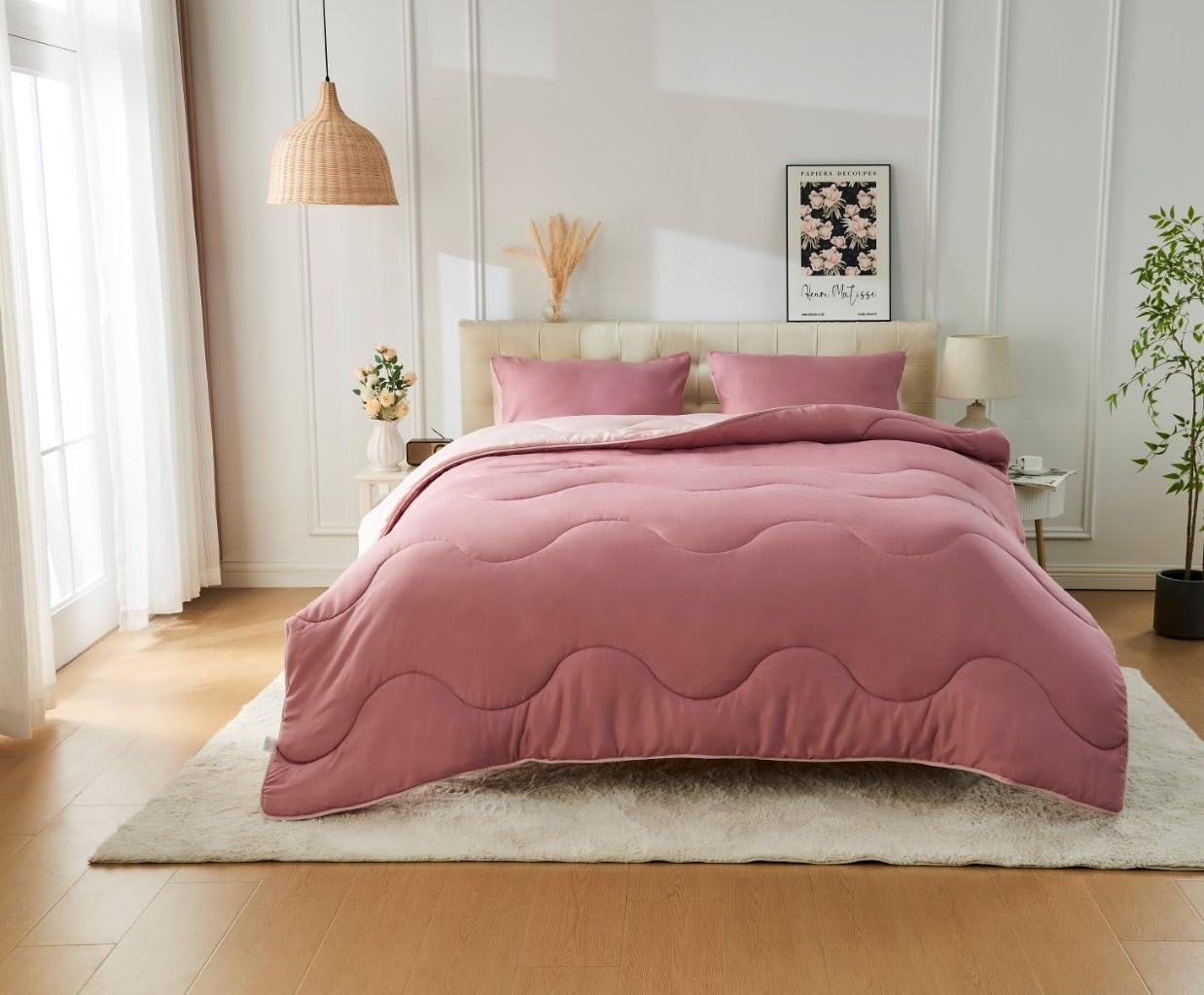 David & Amaya Reversible Coverless 10.5 Tog Quilt Duvet Set With Matching Pillowcases - Winter Warm Soft Lightweight Quilt Wavy Stitching, 100% Polyester Washable Bedding (Pink-Dark Pink, Double)