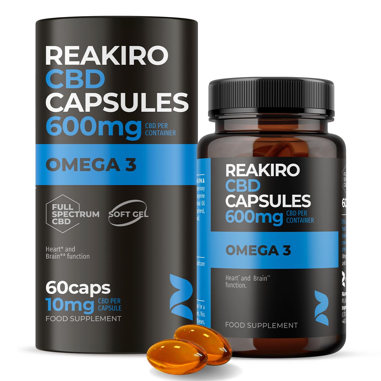 Reakiro CBD Omega 3 Soft Gel Capsules 600mg, 60pcs I Omega 3 Capsules High Strength I Food Supplement for Adults I Enhanced Heart & Brain Function