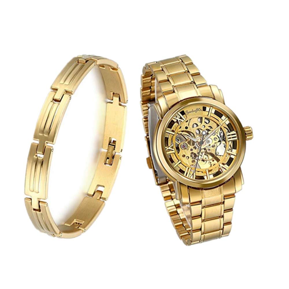 JewelryWe Reloj Mecánico Oro Hombre: Relojes Esqueleto Mecánicos Automáticos Fondo Esfera Transparente Correa de Acero Inoxidable Pulsera - para Ocio Negocios Deportes Regalos